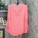 DG2 by Diane Gilman Plus Crochet Trim Bell Sleeve Crinkle Top