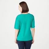 Denim & Co. Essentials Jersey Elbow-Sleeve Scoop Neck Top Fall Turquoise Large