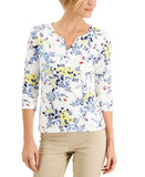 Karen Scott Petite Floral 3/4 Sleeve Split Neck Knit Henley Top