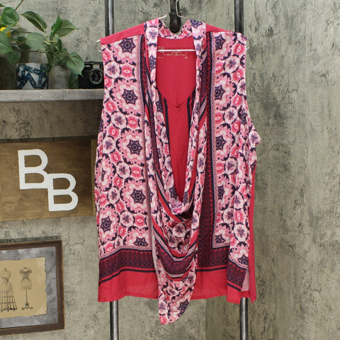 DG2 by Diane Gilman Colorblock Print and Solid Tank Top with Scarf Berry Plus 2X