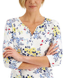 Karen Scott Petite Floral 3/4 Sleeve Split Neck Knit Henley Top