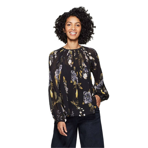 A New Day Women's Floral Print Regular Fit Long Sleeve Crewneck Pleated Blouse
