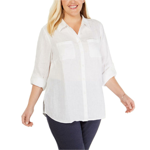 Charter Club Women's Plus Size Button Up Linen Utility Shirt
