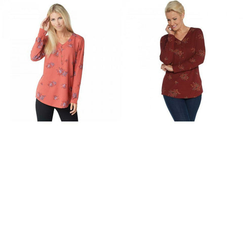 Denim & Co. Women's V-Neck Printed Waffle Knit Henley Shirt