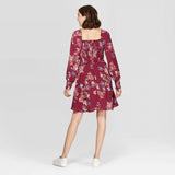 Xhilaration Women's Floral Print Long Sleeve Square Neck Smocked Top Mini Dress