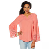 DG2 by Diane Gilman Plus Crochet Trim Bell Sleeve Crinkle Top