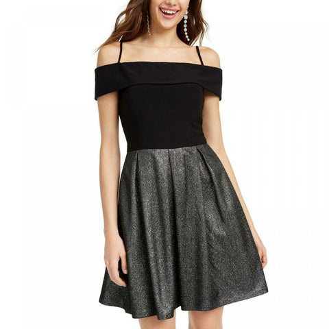 Morgan & Co. Women's Junior Fit Cold Shoulder Glitter Skirt Dress