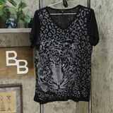 DG2 by Diane Gilman Burnout Printed Embellished Top Black Animal Large