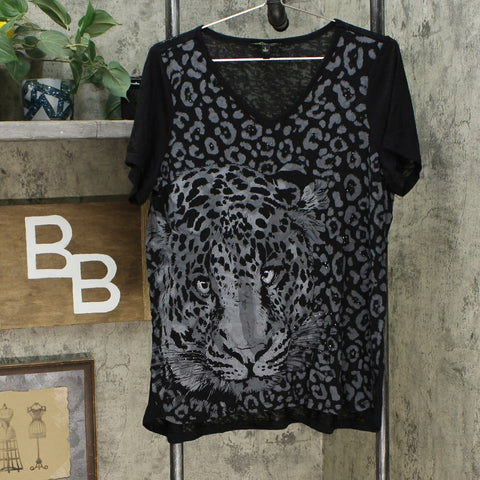 DG2 by Diane Gilman Burnout Printed Embellished Top Black Animal Large