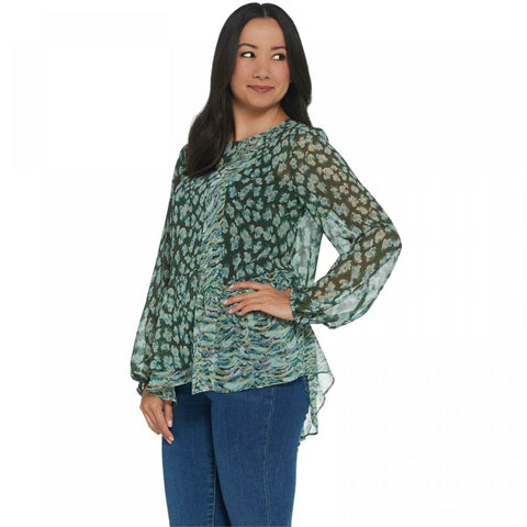 LOGO by Lori Goldstein Plus Size Assymetric Patchwork Ruffle Hem Blouse