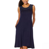 Nina Leonard Women's Sleeveless Dress With 3D Floral Chiffon Yoke Navy Large