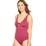 Kona Sol Women's Textured Tie Front One Piece Swimsuit Pink Small