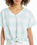 Style & Co Women's Gingham Tie Waist Button Front Woven Top