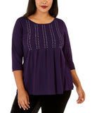 Belldini Plus Size Studded Pleated 3/4-Sleeve Knit Top