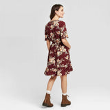 Xhilaration Floral Print V Neck Smocked Waist Mini Dress Burgundy Medium