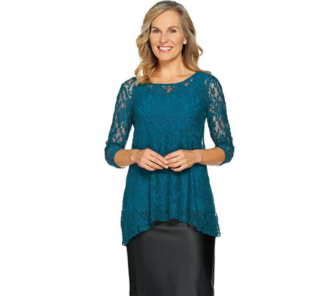 Women with Control Lace Tunic and Jersey Knit Tank Top Set Teal Small