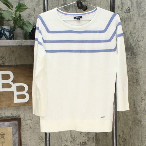 Nautica Women's Lightweight 3/4 Sleeve Striped Sweater Ivory / Blue Large