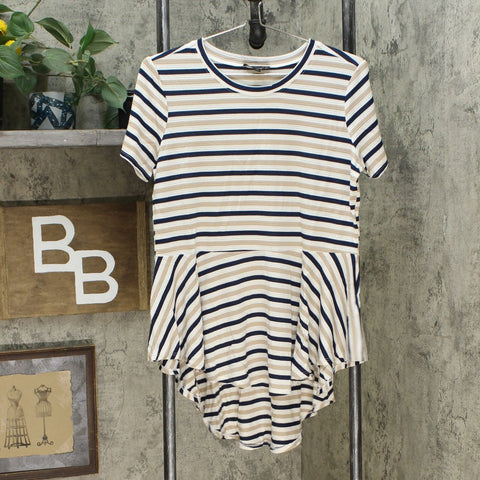 DG2 by Diane Gilman Women's Striped Peplum Drama Top Beige Small