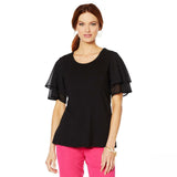 Lemon Way Women's Jersey Knit Flutter Sleeve Top Black Medium