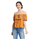 Xhilaration Women's Short Sleeve Off the Shoulder Flounce Embroidered Top