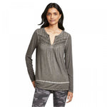 Knox Rose Women's Long Sleeve Split Neck Oil Wash Top With Pintucking Detail