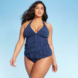 Aqua Green Women's Ruffle Halter V-Neck Tankini Top