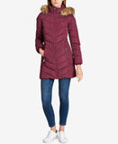 Tommy Hilfiger Women's Faux Fur Trim Hooded Chevron Puffer Coat Aubergine Large
