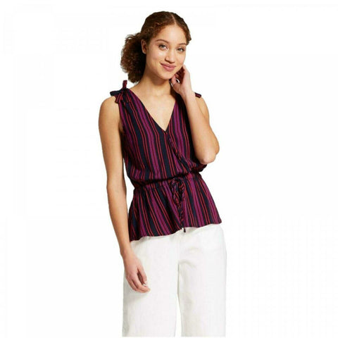 A New Day Women's Striped Sleeveless V-Neck Waist Tank Top Blouse Shirt
