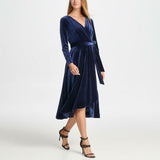DKNY Women's Velvet V Neck Wrap Dress Midnight Blue 6