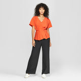 Prologue Women's Short Sleeve Pleated Waist Blouse Shirt Top