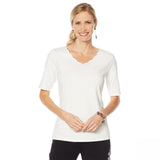 Lemon Way Women's Scalloped Edge Slub Knit Top White Medium