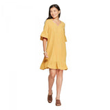 Loramendi Women's Short Sleeve Ruffle Gauze Linen Shift Dress