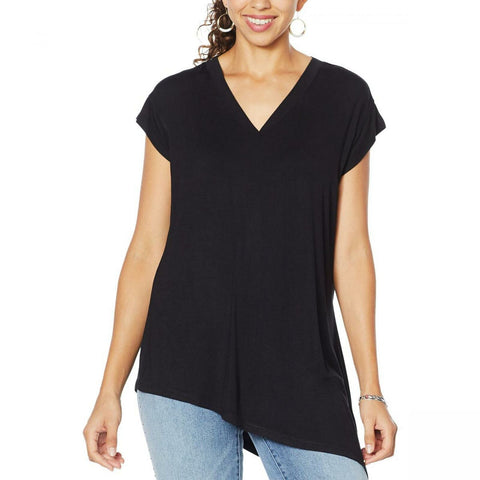 DG2 by Diane Gilman Women's Plus Size Asymmetric Hem V-Neck T-Shirt