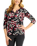 Karen Scott Petite Floral 3/4 Sleeve Split Neck Knit Henley Top
