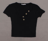 Hippie Rose Women's Juniors V Neck Button Ribbed Top Shirt Black Medium