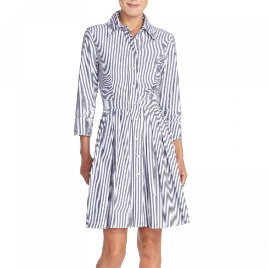eliza j shirt dress Eliza J Women Blue White Stripe Cotton Button Fit Flare Pleated Shirt Dress 4