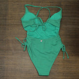 Private Label Womens Deep V-neck Textured One Piece Swimsuit Green S
