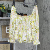 Who What Wear Balloon 3/4 Sleeve Smocked Peplum Top Beige Floral Brown XXL