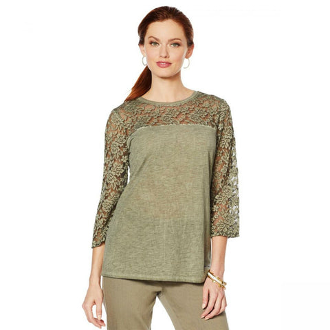 NWT DG2 By Diane Gilman Womens Acid-Wash Tee With Lace Sleeves. 703136 Small