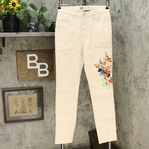 DG2 by Diane Gilman Classic Stretch Floral Applique Skinny Jeans 6 Tall Cream