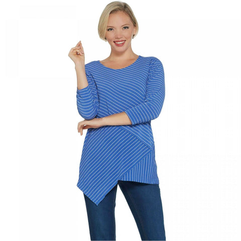 NWT Susan Graver Womens Striped Liquid Knit Asymmetrical Hem Top. A346365 XL