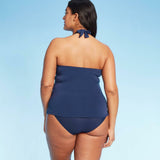 Aqua Green Women's Ruffle Halter V-Neck Tankini Top