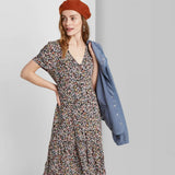 Wild Fable Women's Floral Print Short Sleeve V-Neck Button-Down Midi Dress