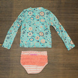 RuffleButts Girl's Island Dream Two-Piece Rashguard Swimsuit & Head Wrap Set
