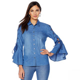 DG2 by Diane Gilman Women's Plus Size Denim Shirt With Lace Up Sleeves