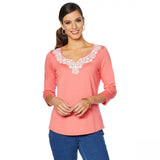 Lemon Way Women's Perfect Pima Lace Detail 3/4 Sleeve T-Shirt