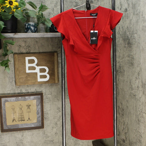 DKNY Women's Ruffle Sleeve V-Neck Ruched Front Sheath Dress