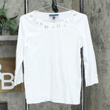 Karen Scott Cotton 3/4 Sleeve Grommet Trim Knit Top White Petite Medium