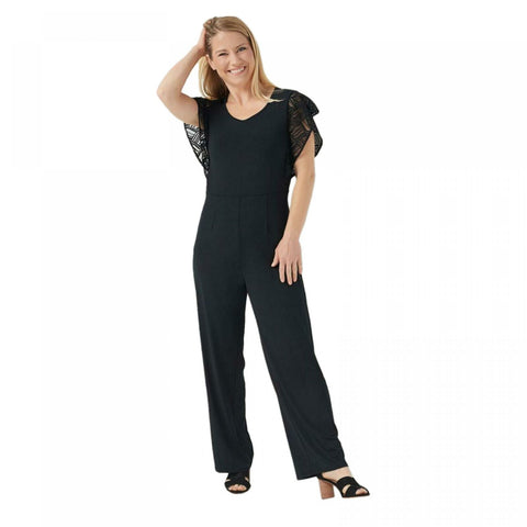 H by Halston Women's Petite Jet Set Jersey Wide Leg Jumpsuit with Lace Sleeves