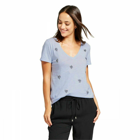 A New Day Women's Embellished Cotton V-Neck Short Sleeve T-Shirt